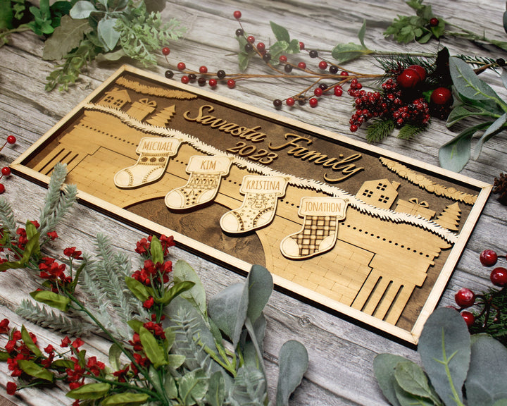 Family Christmas Stocking Signage - 2-8 Family member options - 3 layer designs- Tested on Glowforge & Lightburn