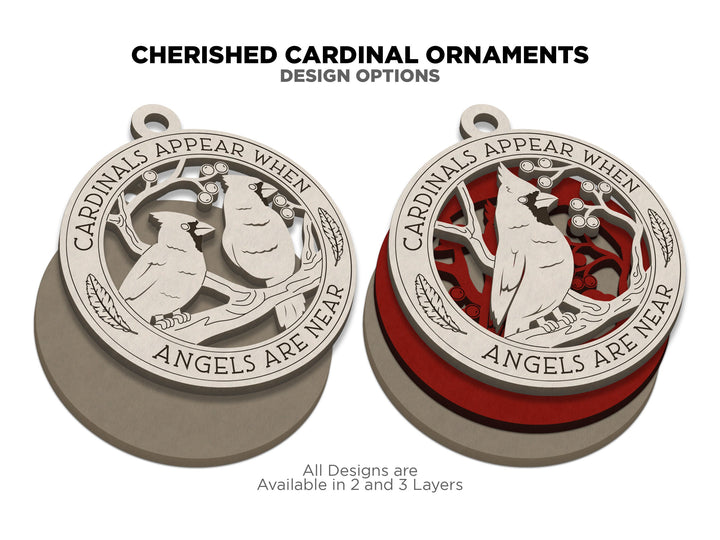 Cherished Cardinal Ornaments - 30 designs included with 2 and 3 layer designs - Tested on Glowforge & Lightburn