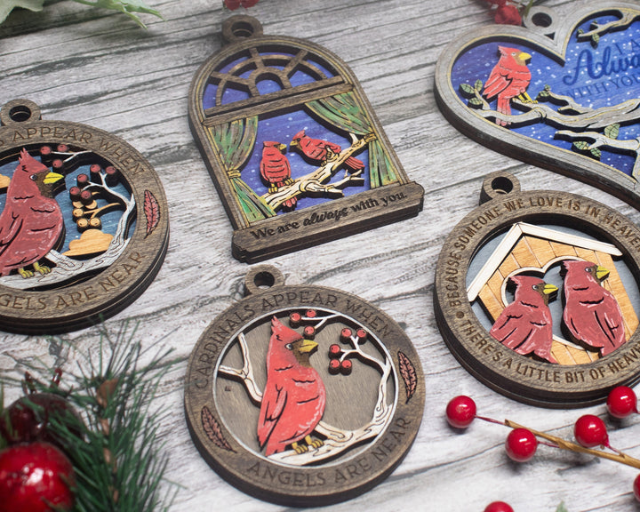 Cherished Cardinal Ornaments - 30 designs included with 2 and 3 layer designs - Tested on Glowforge & Lightburn