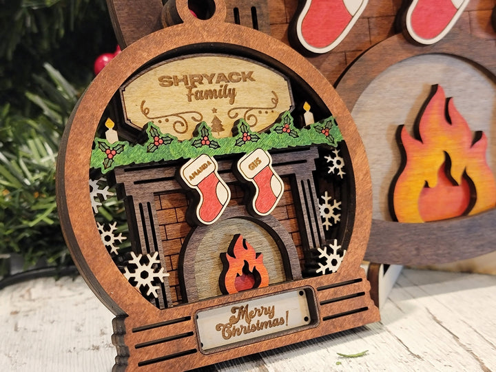 Fireplace Family Bundle - 2 Ornaments & 2 Signs Included - Each Design Fits 2-6 Names - SVG, PDF, AI File Download - Sized for Glowforge