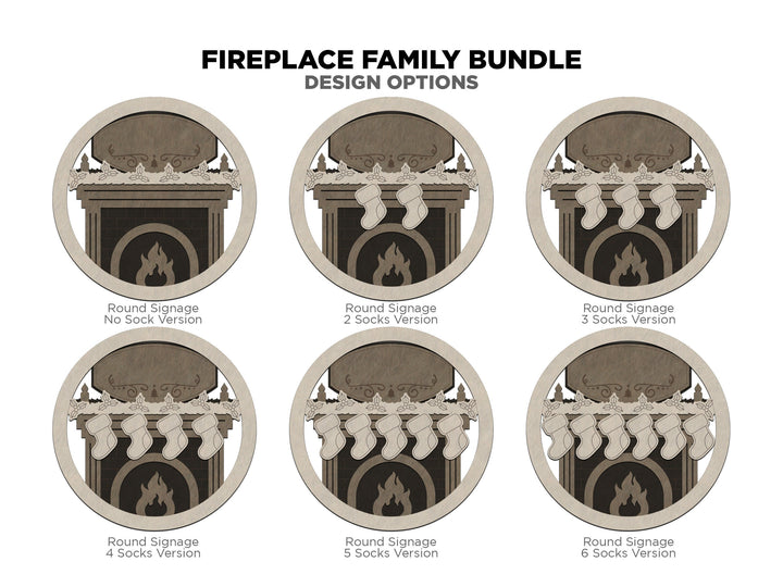 Fireplace Family Bundle - 2 Ornaments & 2 Signs Included - Each Design Fits 2-6 Names - SVG, PDF, AI File Download - Sized for Glowforge