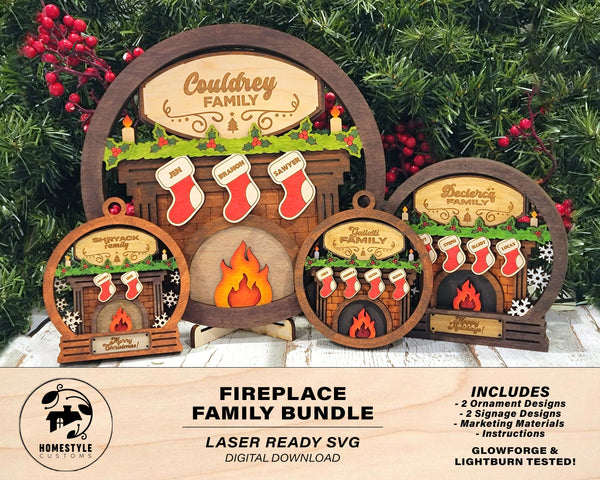 Fireplace Family Bundle - 2 Ornaments & 2 Signs Included - Each Design Fits 2-6 Names - SVG, PDF, AI File Download - Sized for Glowforge