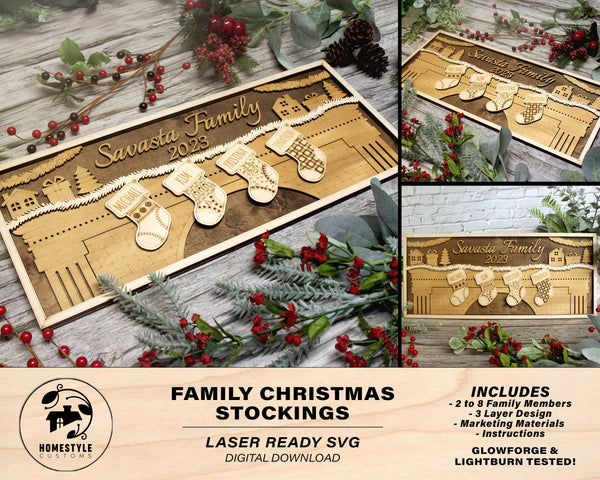 Family Christmas Stocking Signage - 2-8 Family member options - 3 layer designs- Tested on Glowforge & Lightburn