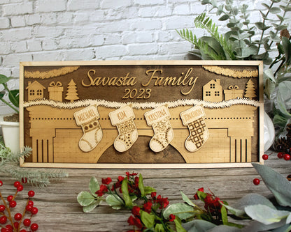 Family Christmas Stocking Signage - 2-8 Family member options - 3 layer designs- Tested on Glowforge & Lightburn