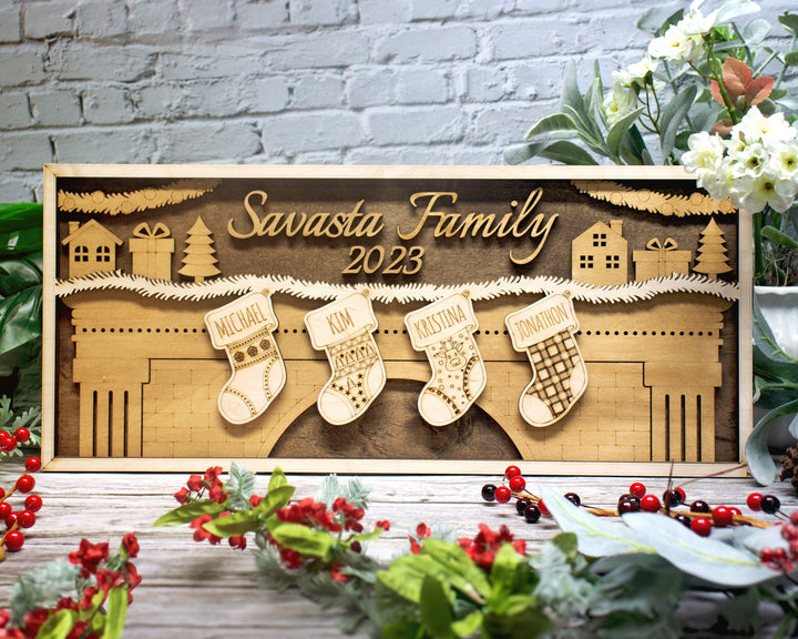 Family Christmas Stocking Signage - 2-8 Family member options - 3 layer designs- Tested on Glowforge & Lightburn