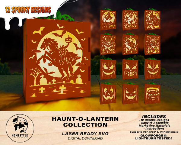 Haunt-O-Lanterns - 6 Spooky Scenes and 6 Scary Faces Included - SVG, PDF, AI File Download - Tested on Lightburn and Glowforge