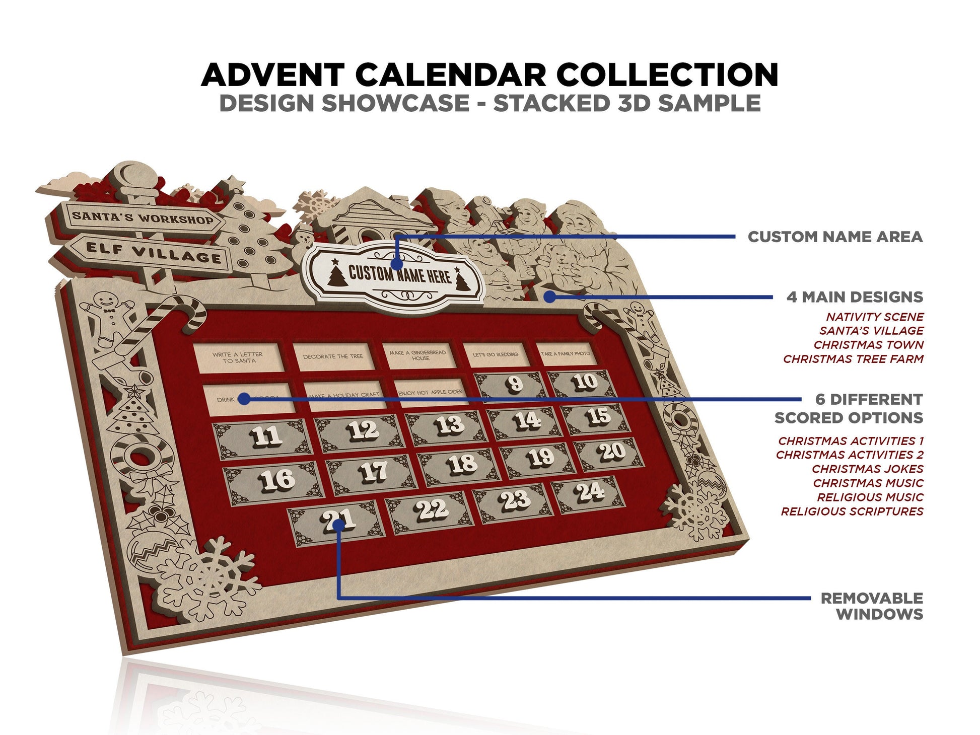 Advent Calendar Collection - 4 Main Themes - 6 Optional Activity Backers - Tested on Glowforge & Lightburn