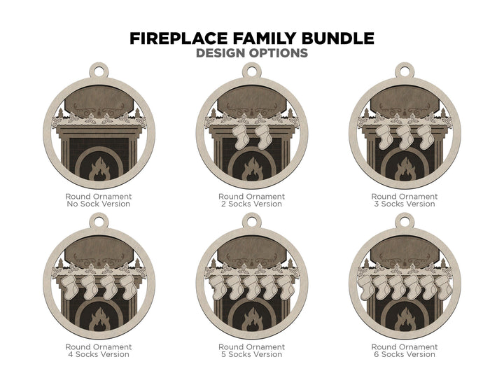 Fireplace Family Bundle - 2 Ornaments & 2 Signs Included - Each Design Fits 2-6 Names - SVG, PDF, AI File Download - Sized for Glowforge