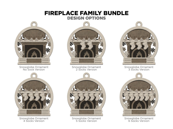 Fireplace Family Bundle - 2 Ornaments & 2 Signs Included - Each Design Fits 2-6 Names - SVG, PDF, AI File Download - Sized for Glowforge