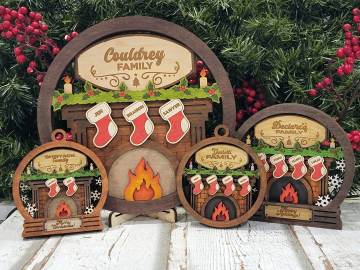 Fireplace Family Bundle - 2 Ornaments & 2 Signs Included - Each Design Fits 2-6 Names - SVG, PDF, AI File Download - Sized for Glowforge