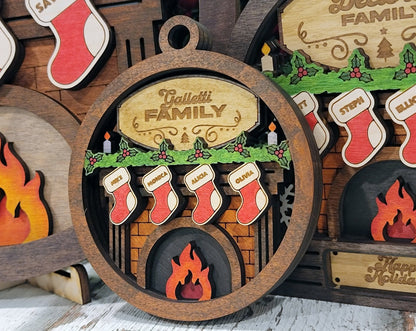 Fireplace Family Bundle - 2 Ornaments & 2 Signs Included - Each Design Fits 2-6 Names - SVG, PDF, AI File Download - Sized for Glowforge
