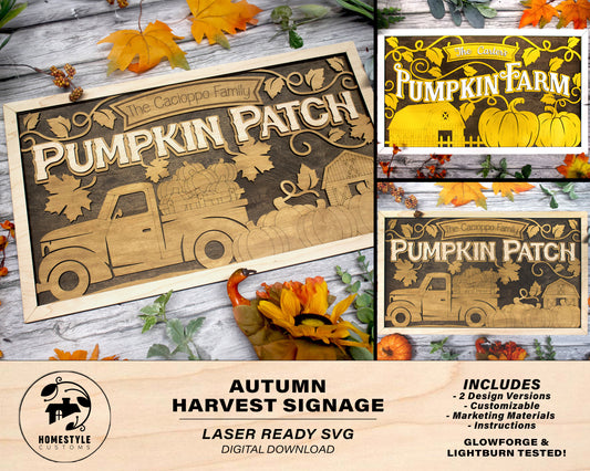 Autumn Harvest Signage - Includes 2 Customizable and Non Customizable Options - Tested on Glowforge & Lightburn