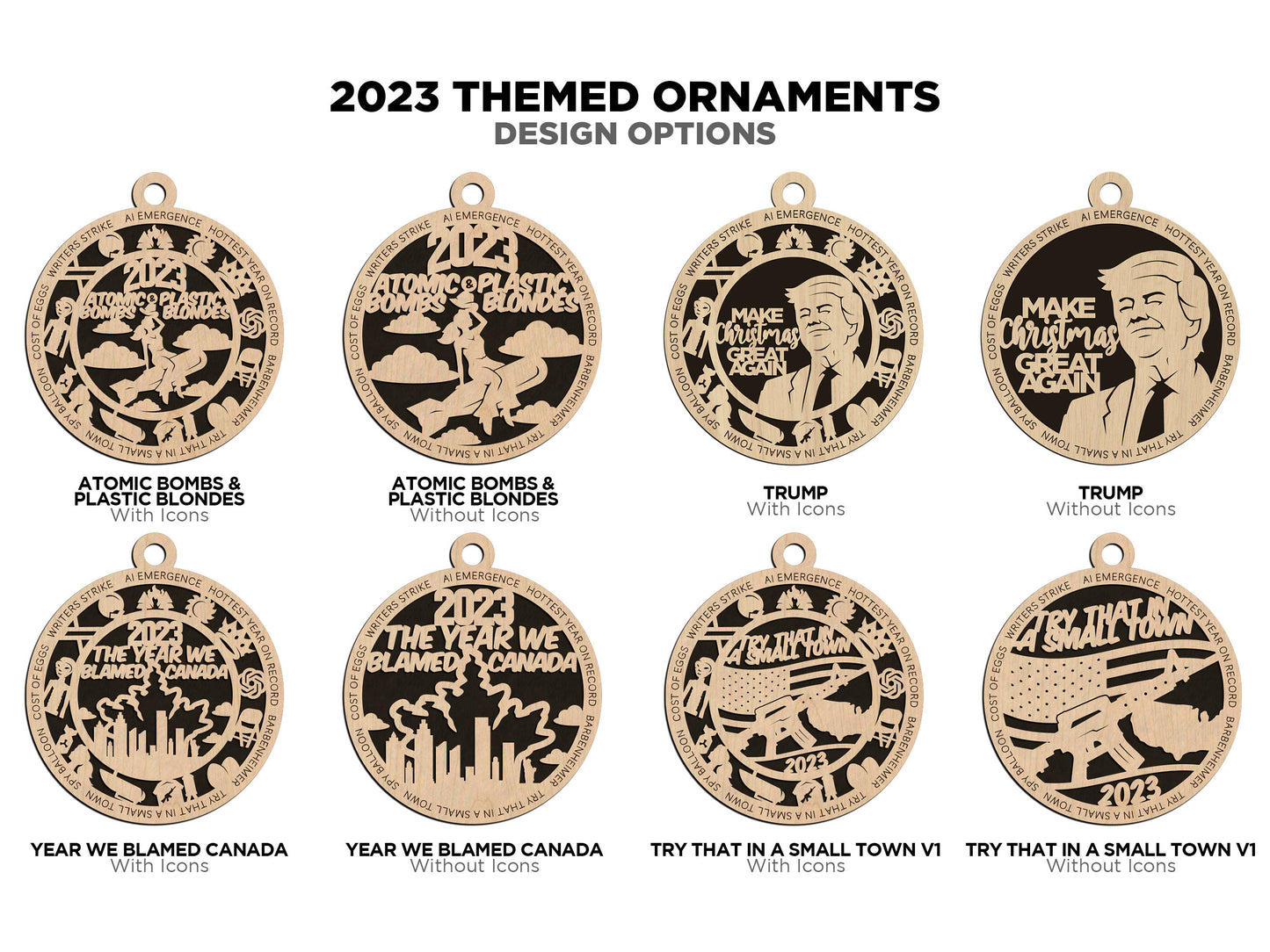 2023 Themed Ornaments - 28 Unique Laser Designs - SVG, PDF, AI File Download - Sized for Glowforge