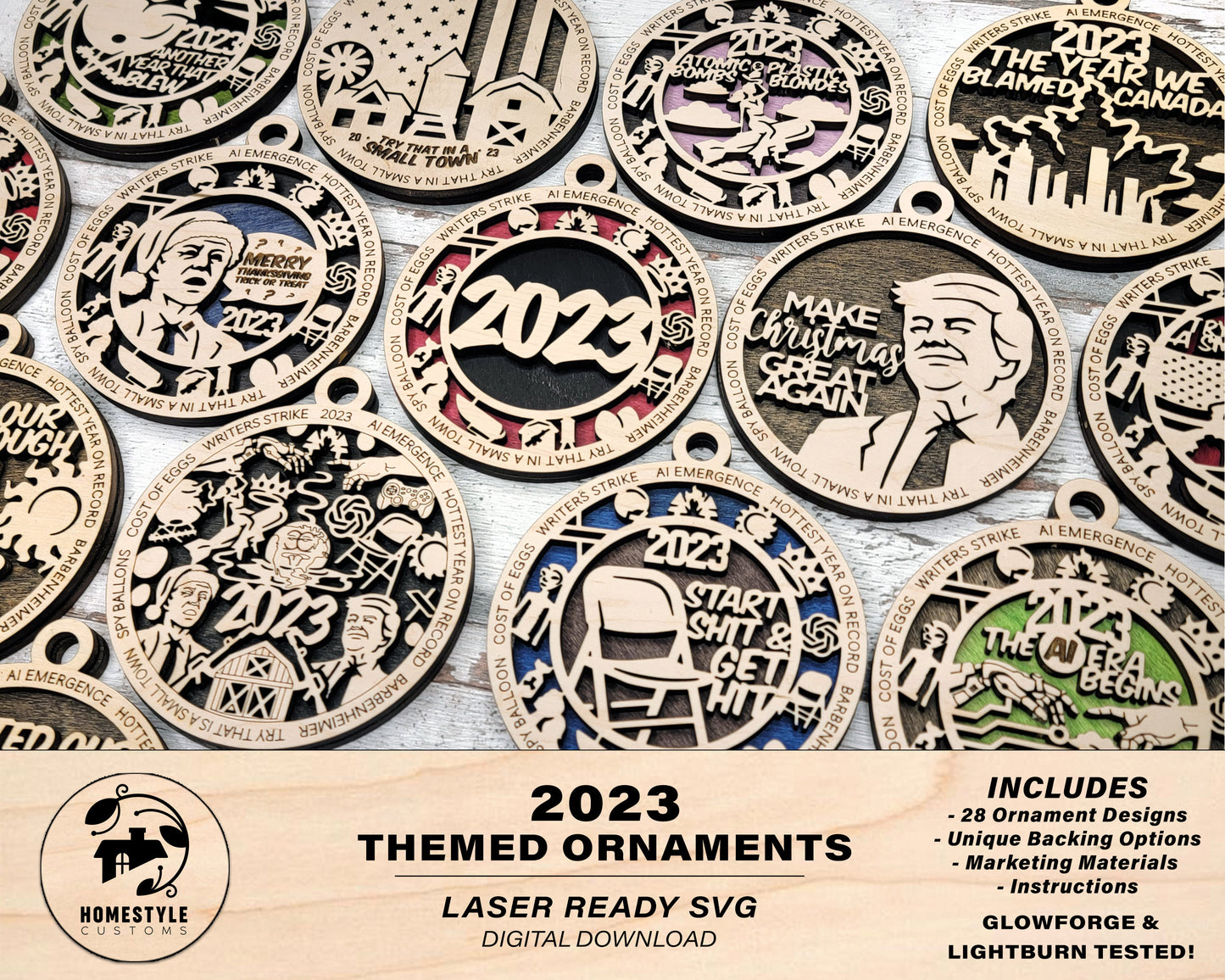 2023 Themed Ornaments - 28 Unique Laser Designs - SVG, PDF, AI File Download - Sized for Glowforge