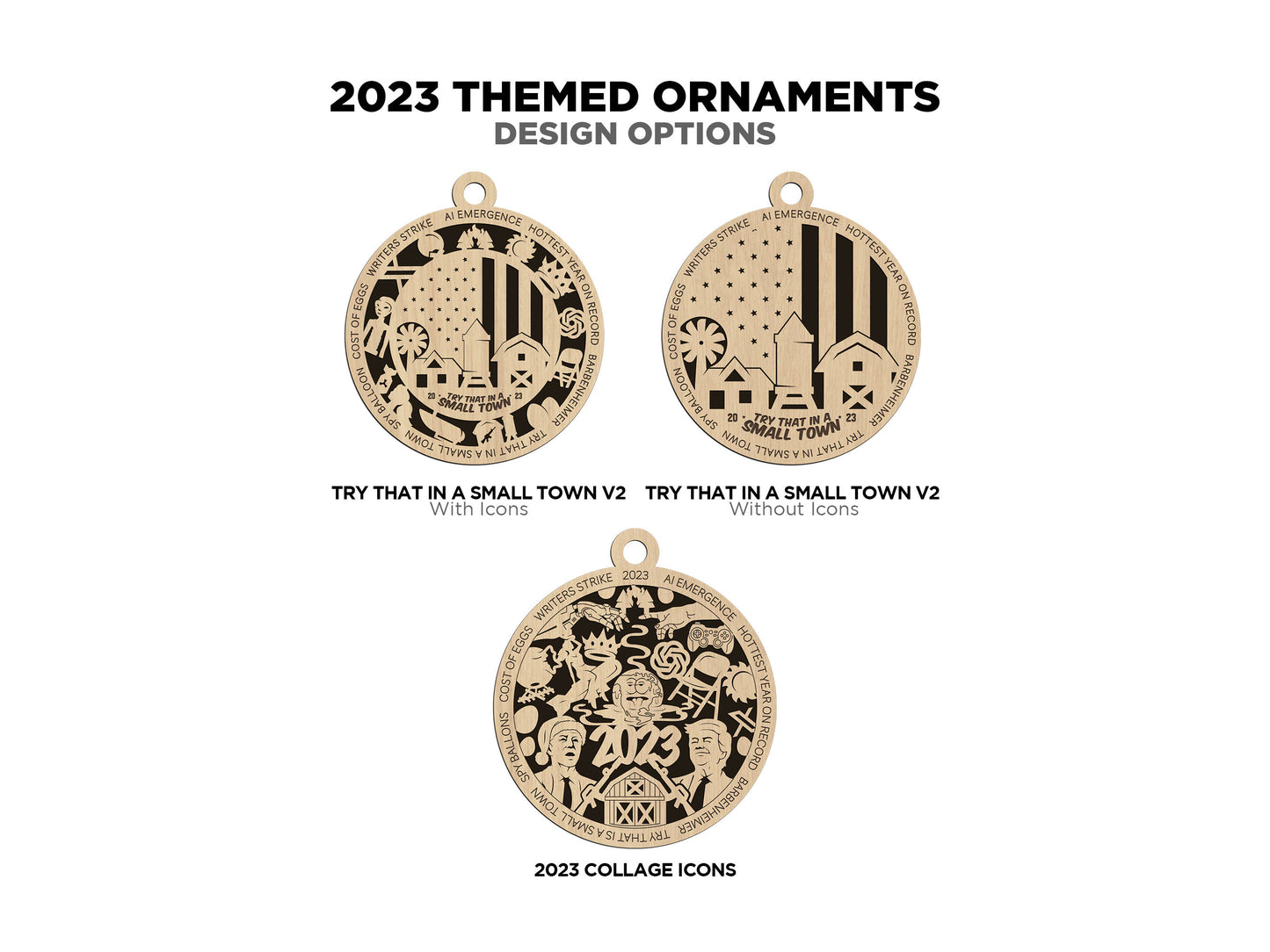2023 Themed Ornaments - 28 Unique Laser Designs - SVG, PDF, AI File Download - Sized for Glowforge