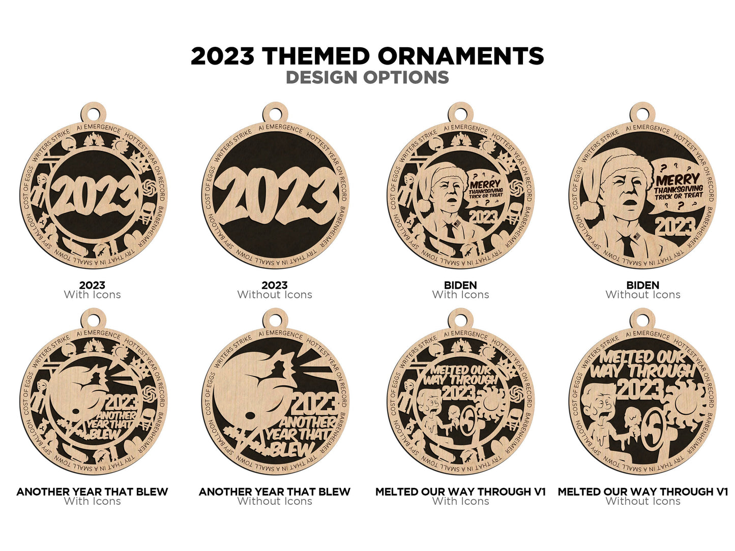 2023 Themed Ornaments - 28 Unique Laser Designs - SVG, PDF, AI File Download - Sized for Glowforge