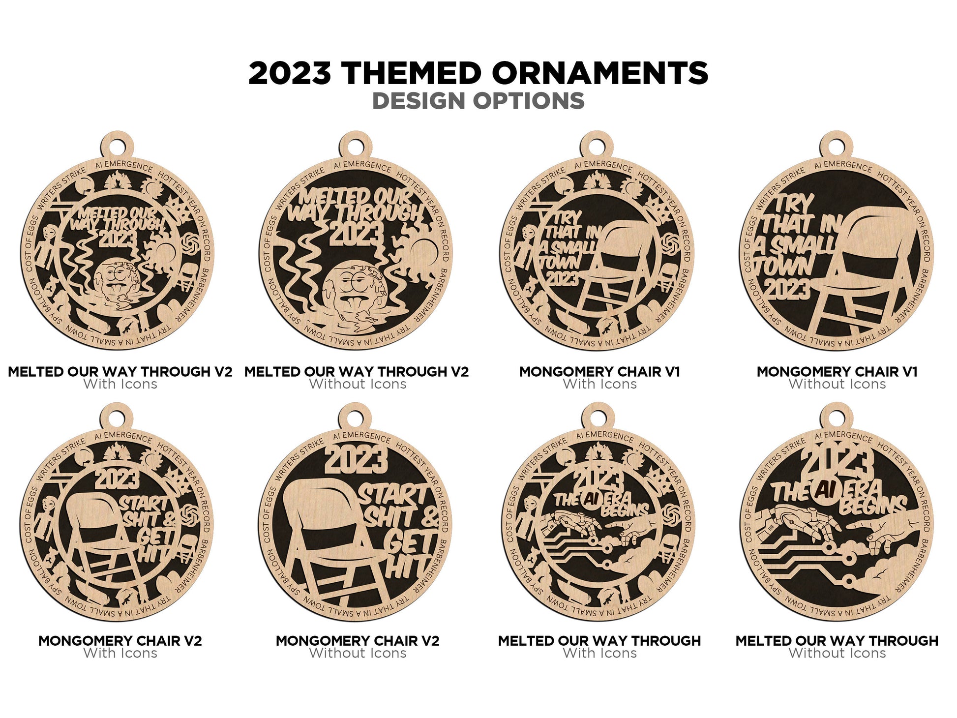 2023 Themed Ornaments - 28 Unique Laser Designs - SVG, PDF, AI File Download - Sized for Glowforge