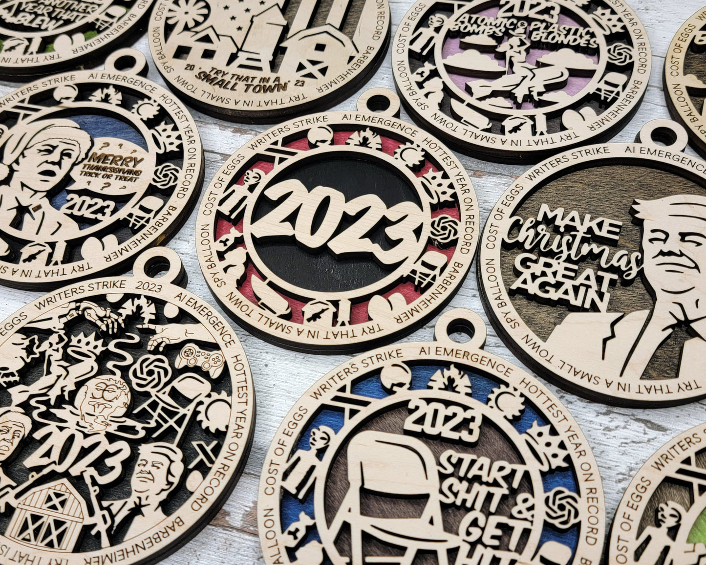 2023 Themed Ornaments - 28 Unique Laser Designs - SVG, PDF, AI File Download - Sized for Glowforge