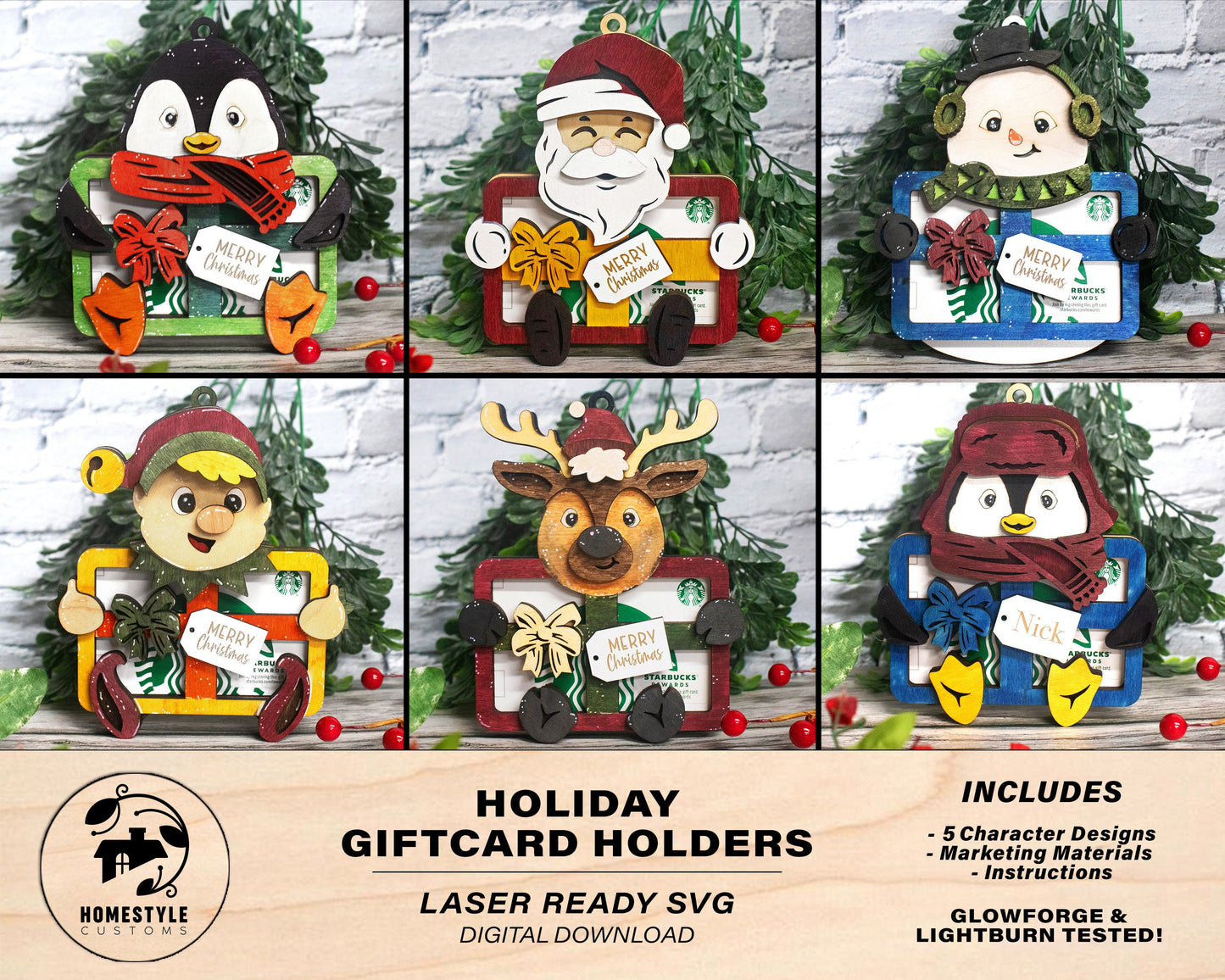 Holiday Gift Card Holder - 5 Unique Character Designs - Laser Designs SVG, PDF, AI File Download - Tested in Glowforge and Lightburn
