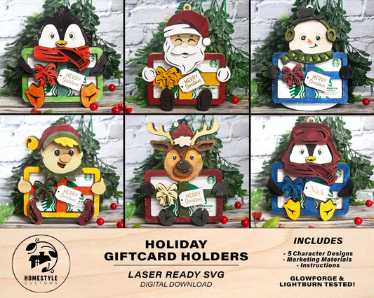 Holiday Gift Card Holder - 5 Unique Character Designs - Laser Designs SVG, PDF, AI File Download - Tested in Glowforge and Lightburn
