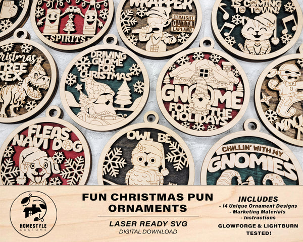 Fun Christmas Pun Ornaments - 14 Unique Laser Designs - SVG, PDF, AI File Download - Tested On Glowforge and LightBurn