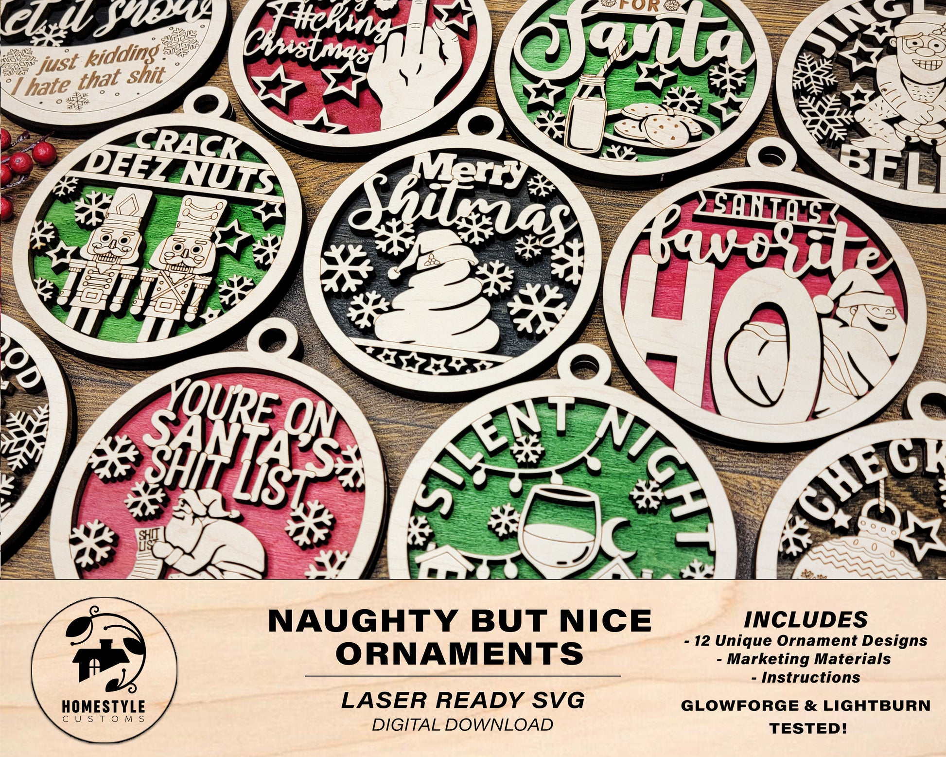 Naughty But Nice Ornaments - 12 Unique Laser Designs - SVG, PDF, AI File Download - Tested On Glowforge and LightBurn