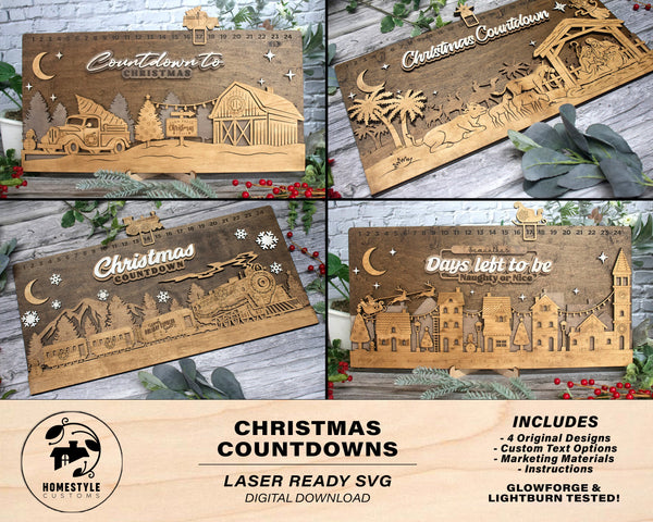 Christmas Countdowns - 4 Main Themes - 10 text options - Laser Designs - Tested on Glowforge & Lightburn