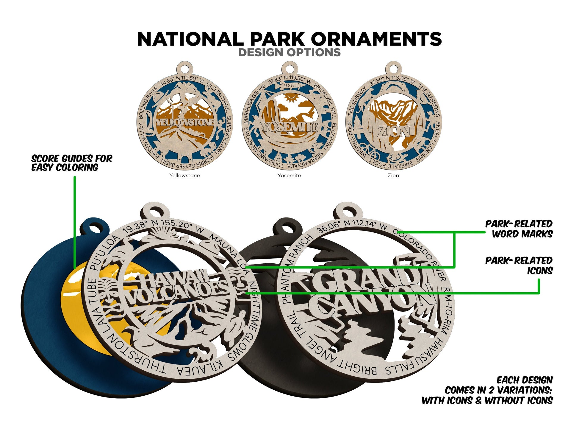 National Park Ornaments - 62 park ornaments - 2 ornament designs per Park - SVG, PDF, AI File Download - Tested On Glowforge and LightBurn