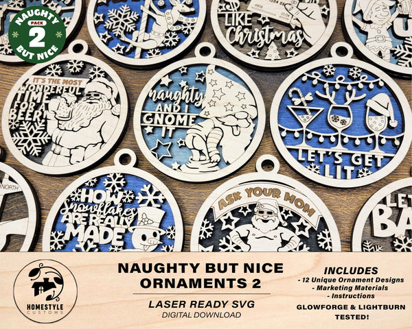 Naughty But Nice Ornaments Set 2 - 12 Unique Laser Designs - SVG, PDF, AI File Download - Tested On Glowforge and LightBurn