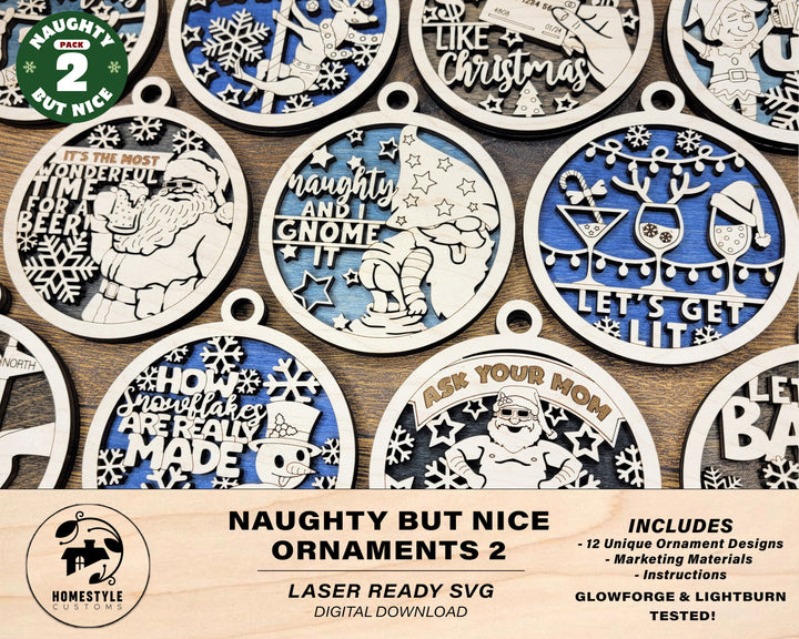 Naughty But Nice Ornaments Set 2 - 12 Unique Laser Designs - SVG, PDF, AI File Download - Tested On Glowforge and LightBurn