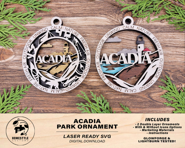 Acadia Park Ornament - Includes 2 Ornaments - Laser Design SVG, PDF, AI File Download - Tested On Glowforge and LightBurn