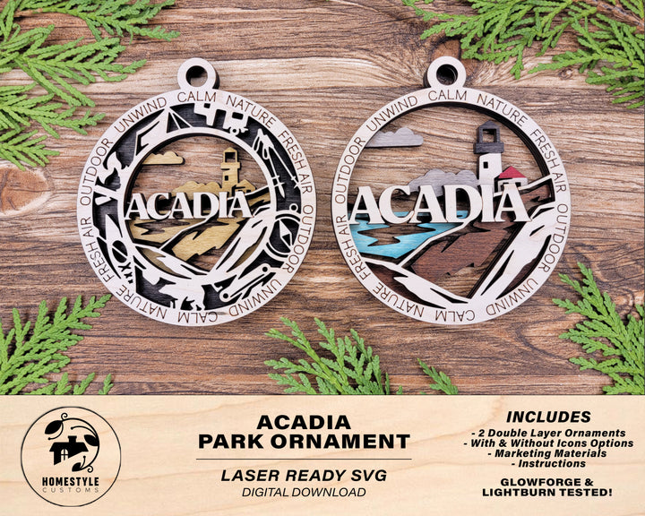Acadia Park Ornament - Includes 2 Ornaments - Laser Design SVG, PDF, AI File Download - Tested On Glowforge and LightBurn