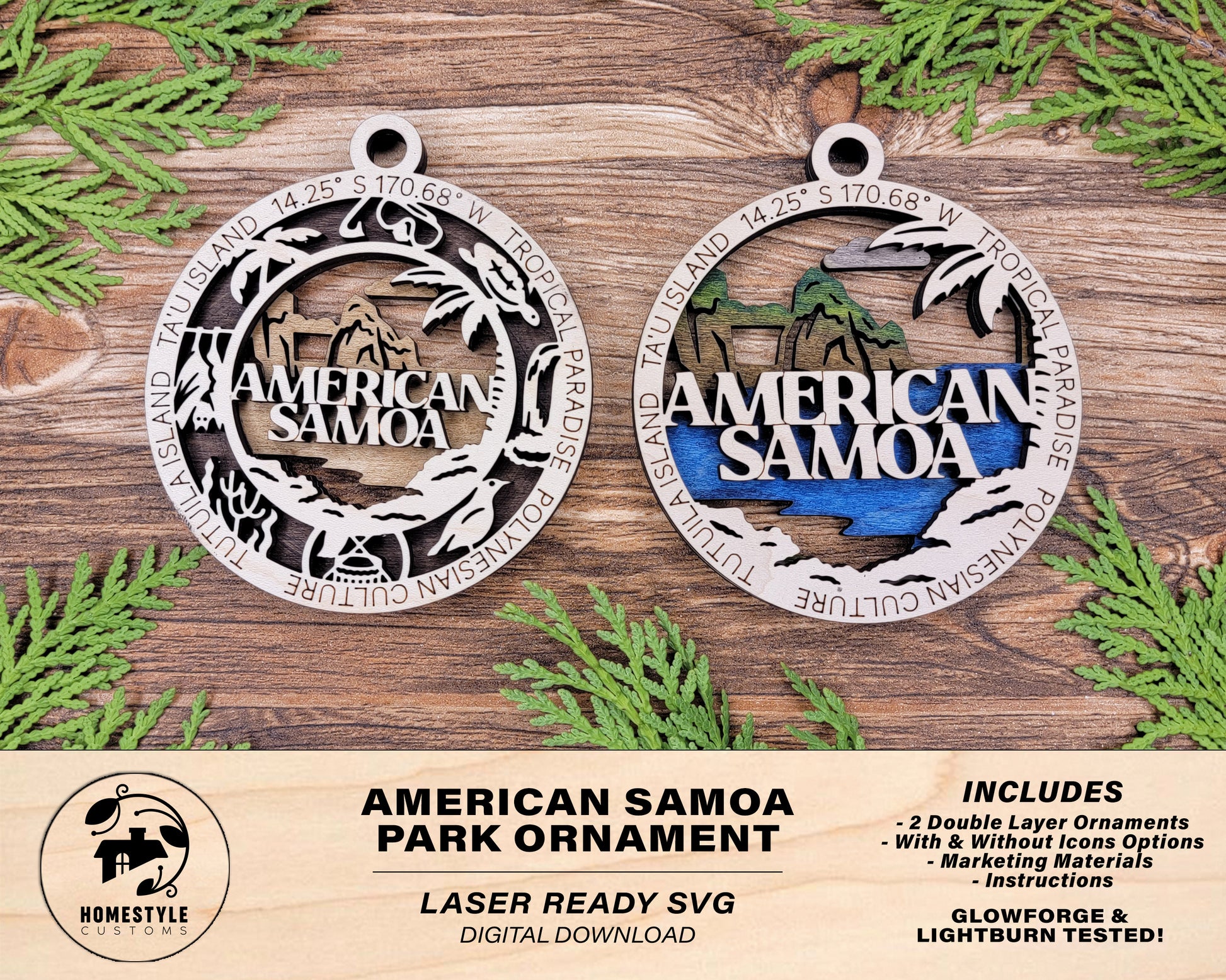 American Samoa Park Ornament - Includes 2 Ornaments - Laser Design SVG, PDF, AI File Download - Tested On Glowforge and LightBurn