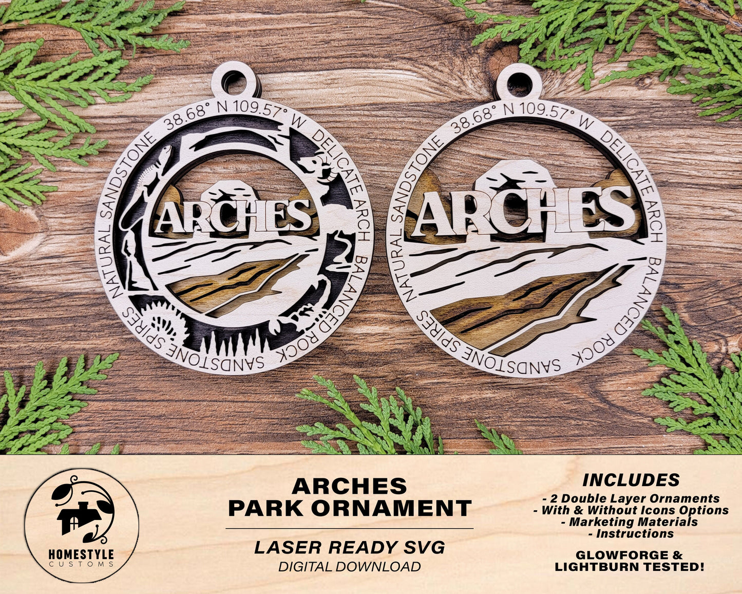 Arches Park Ornament - Includes 2 Ornaments - Laser Design SVG, PDF, AI File Download - Tested On Glowforge and LightBurn