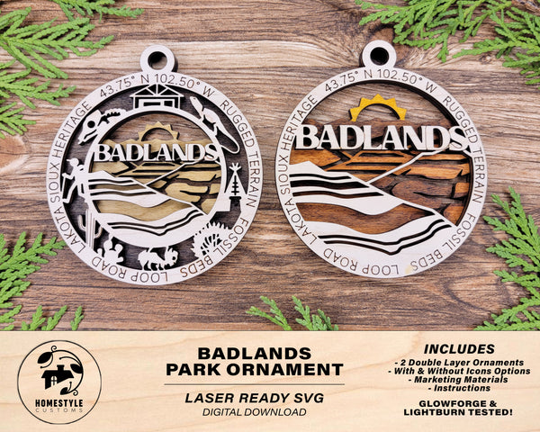 Badlands Park Ornament - Includes 2 Ornaments - Laser Design SVG, PDF, AI File Download - Tested On Glowforge and LightBurn