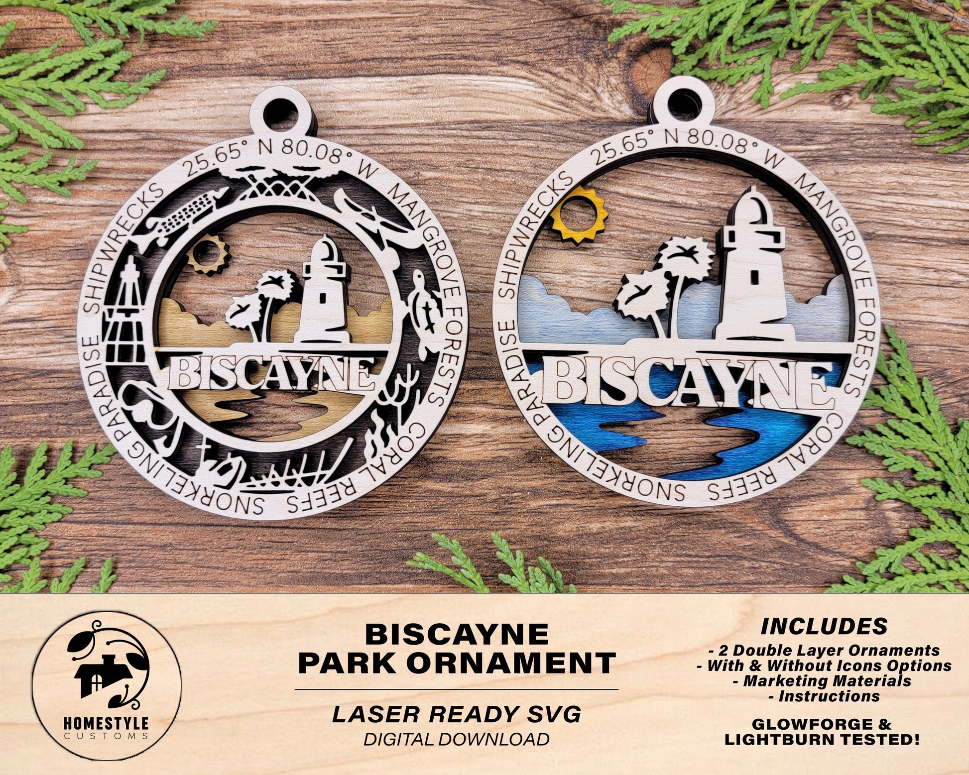 Biscayne Park Ornament - Includes 2 Ornaments - Laser Design SVG, PDF, AI File Download - Tested On Glowforge and LightBurn