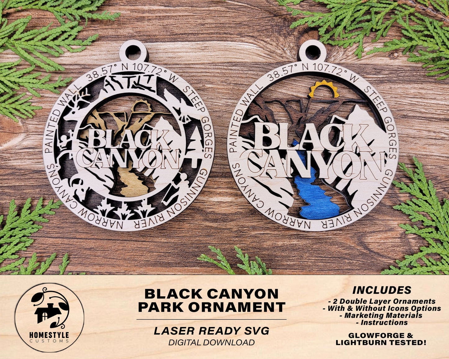 Black Canyon Park Ornament - Includes 2 Ornaments - Laser Design SVG, PDF, AI File Download - Tested On Glowforge and LightBurn