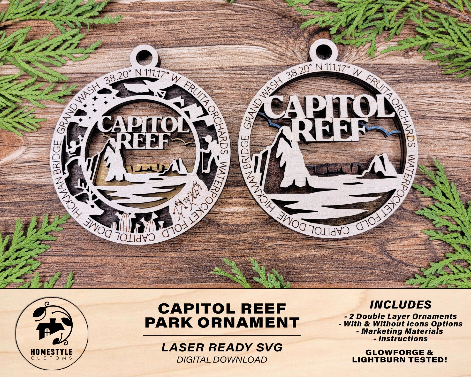 Capitol Reef Park Ornament - Includes 2 Ornaments - Laser Design SVG, PDF, AI File Download - Tested On Glowforge and LightBurn