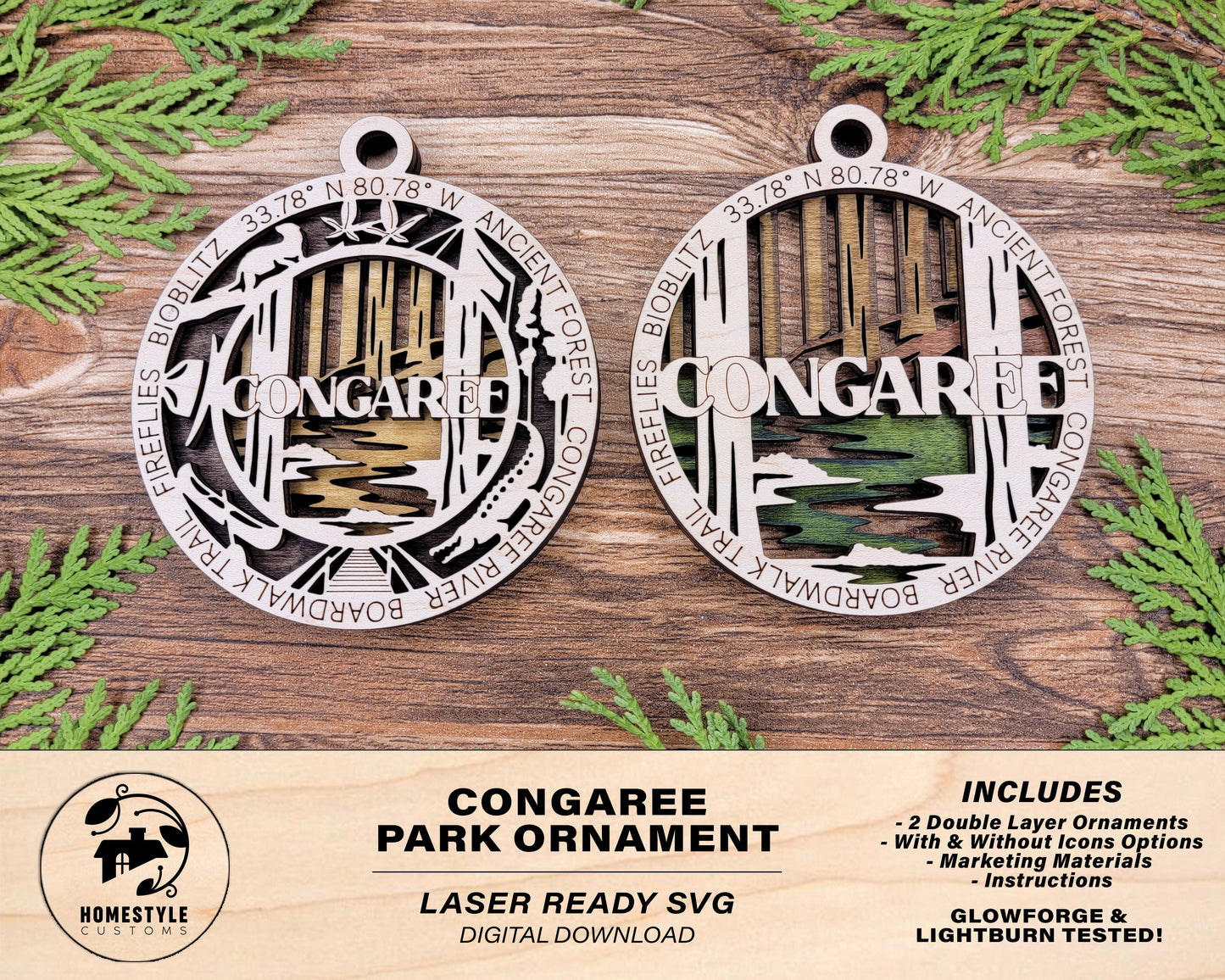 Congaree Park Ornament - Includes 2 Ornaments - Laser Design SVG, PDF, AI File Download - Tested On Glowforge and LightBurn
