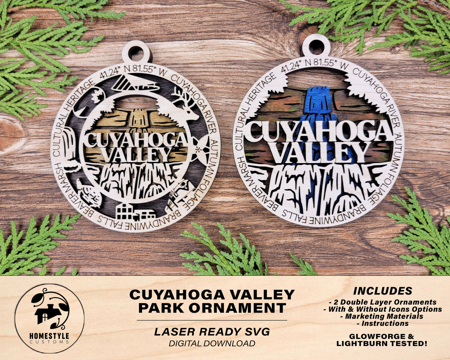 Cuyahoga Valley Park Ornament - Includes 2 Ornaments - Laser Design SVG, PDF, AI File Download - Tested On Glowforge and LightBurn