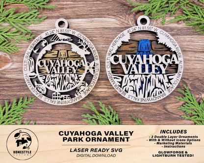 Cuyahoga Valley Park Ornament - Includes 2 Ornaments - Laser Design SVG, PDF, AI File Download - Tested On Glowforge and LightBurn
