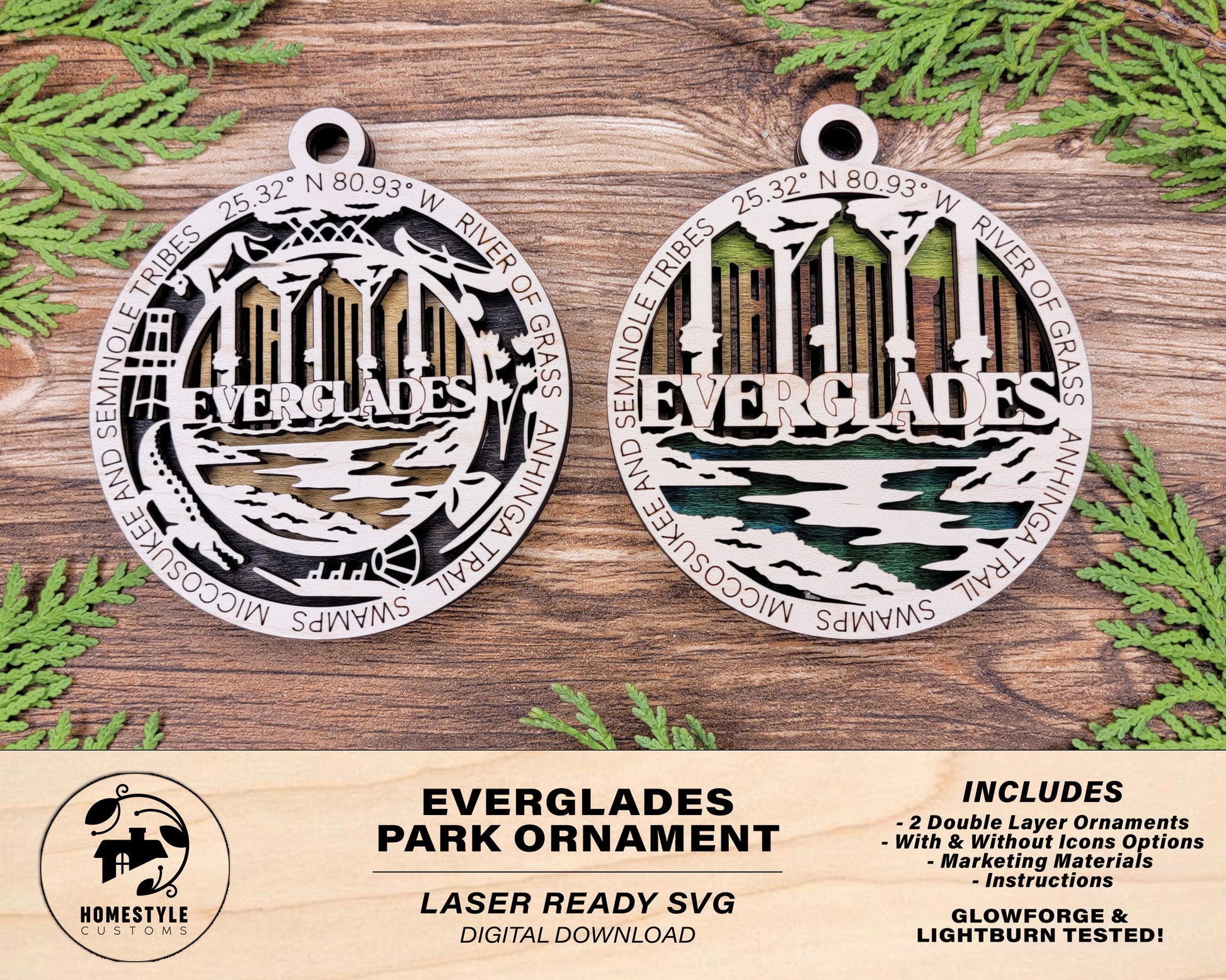 Everglades Park Ornament - Includes 2 Ornaments - Laser Design SVG, PDF, AI File Download - Tested On Glowforge and LightBurn