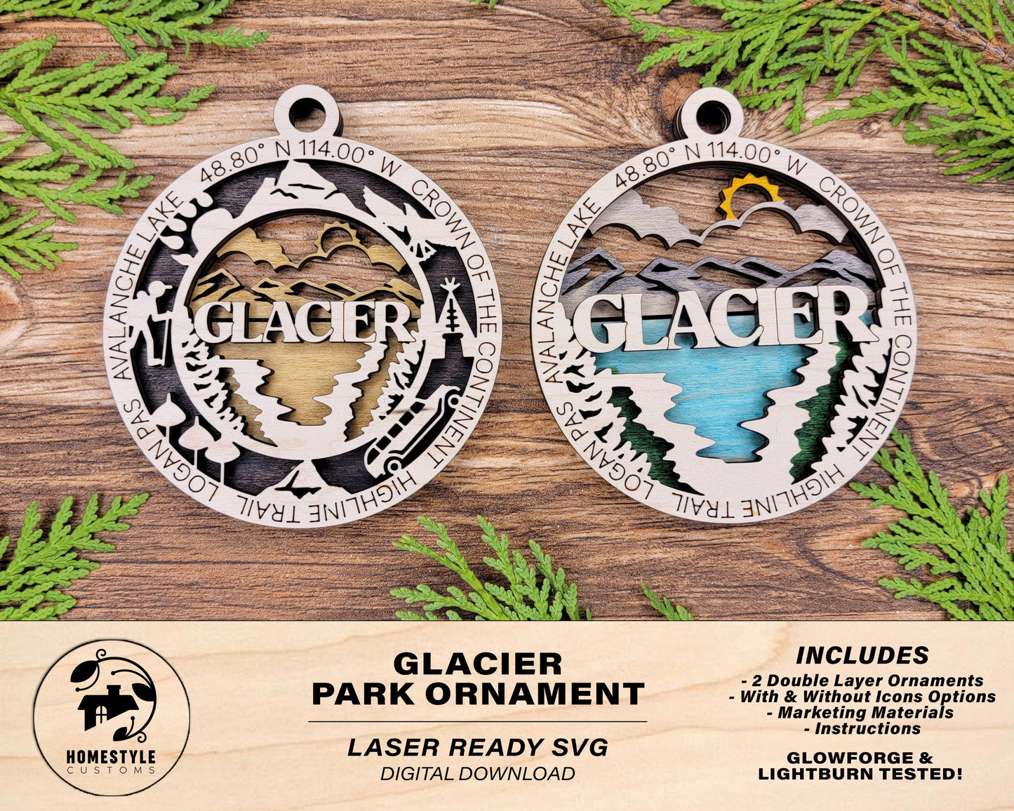 Glacier Park Ornament - Includes 2 Ornaments - Laser Design SVG, PDF, AI File Download - Tested On Glowforge and LightBurn