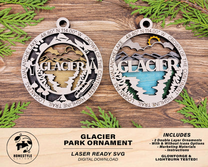 Glacier Park Ornament - Includes 2 Ornaments - Laser Design SVG, PDF, AI File Download - Tested On Glowforge and LightBurn