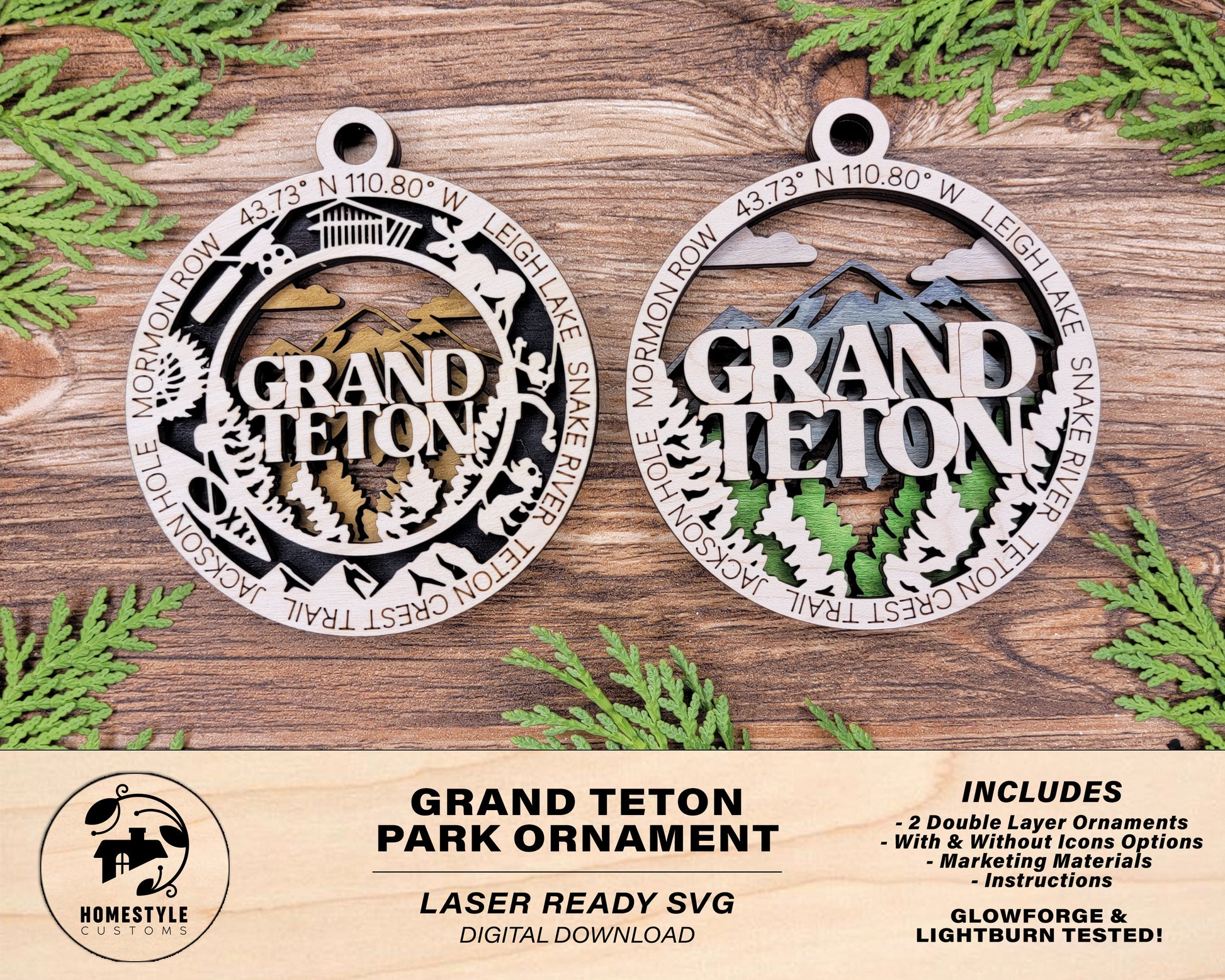 Grad Teton Park Ornament - Includes 2 Ornaments - Laser Design SVG, PDF, AI File Download - Tested On Glowforge and LightBurn