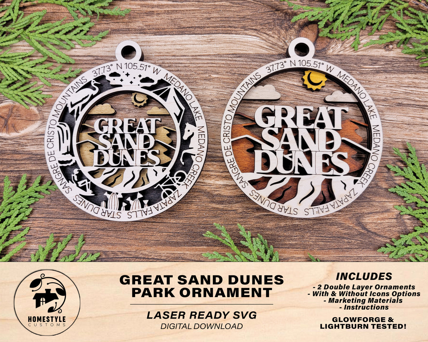 Great Sand Dunes Park Ornament - Includes 2 Ornaments - Laser Design SVG, PDF, AI File Download - Tested On Glowforge and LightBurn
