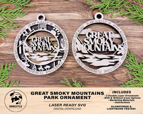 Great Smoky Mountains Park Ornament - Includes 2 Ornaments - Laser Design SVG, PDF, AI File Download - Tested On Glowforge and LightBurn