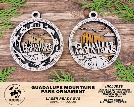 Guadalupe Mountains Park Ornament - Includes 2 Ornaments - Laser Design SVG, PDF, AI File Download - Tested On Glowforge and LightBurn