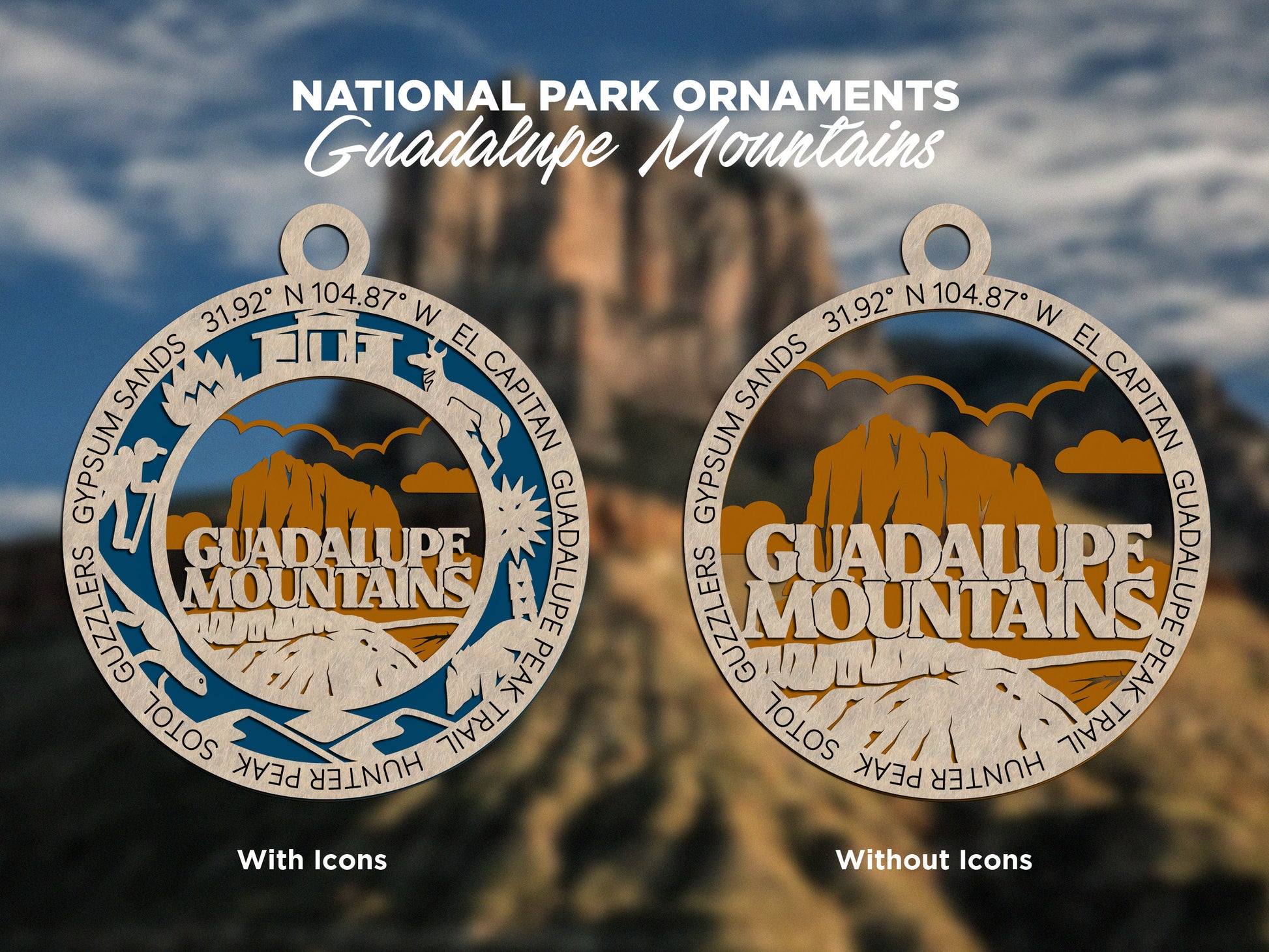 Guadalupe Mountains Park Ornament - Includes 2 Ornaments - Laser Design SVG, PDF, AI File Download - Tested On Glowforge and LightBurn