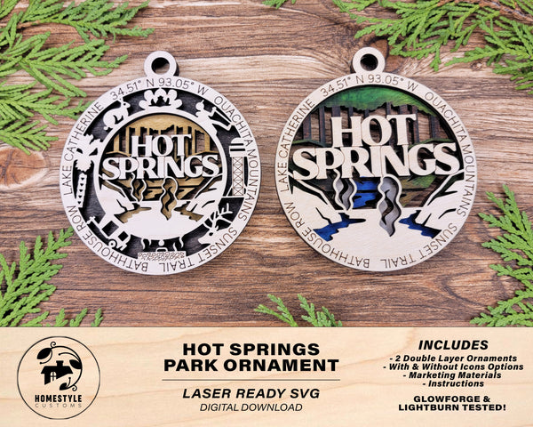 Hot Springs Park Ornament - Includes 2 Ornaments - Laser Design SVG, PDF, AI File Download - Tested On Glowforge and LightBurn